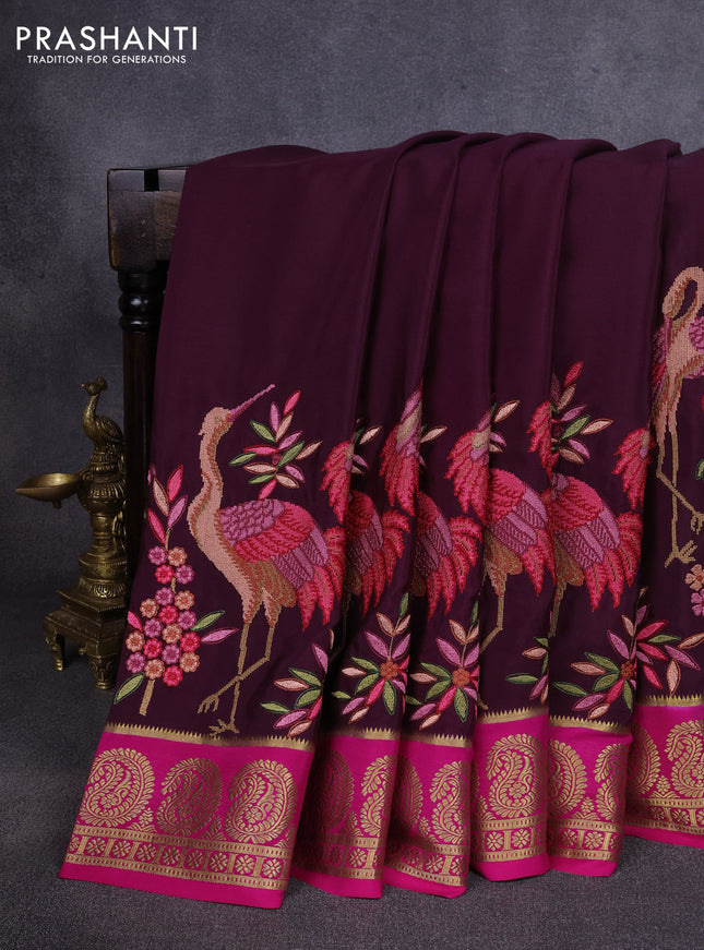 Pure mysore silk saree deep jamun and pink with plain body and long embroidery zari woven border