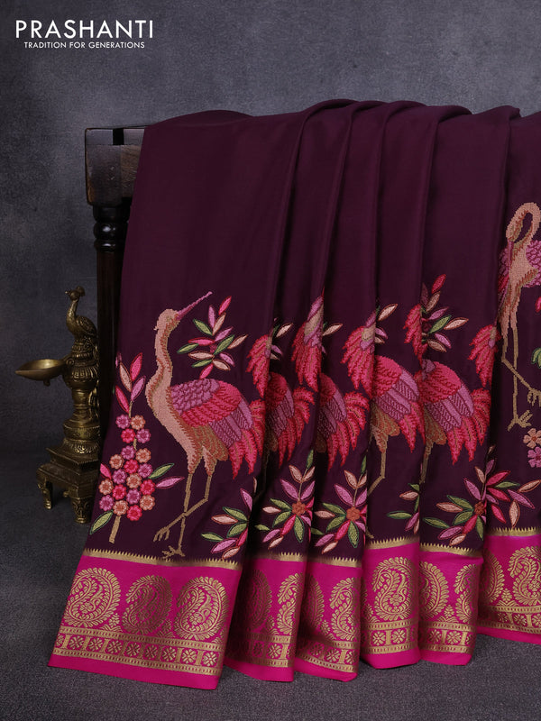 Pure mysore silk saree deep jamun and pink with plain body and long embroidery zari woven border