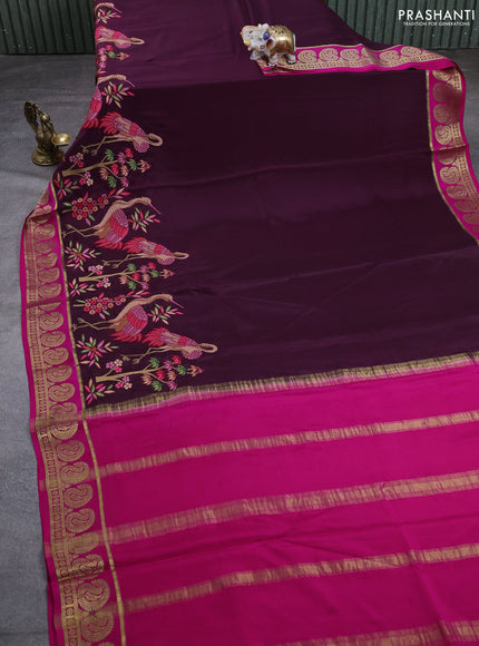 Pure mysore silk saree deep jamun and pink with plain body and long embroidery zari woven border