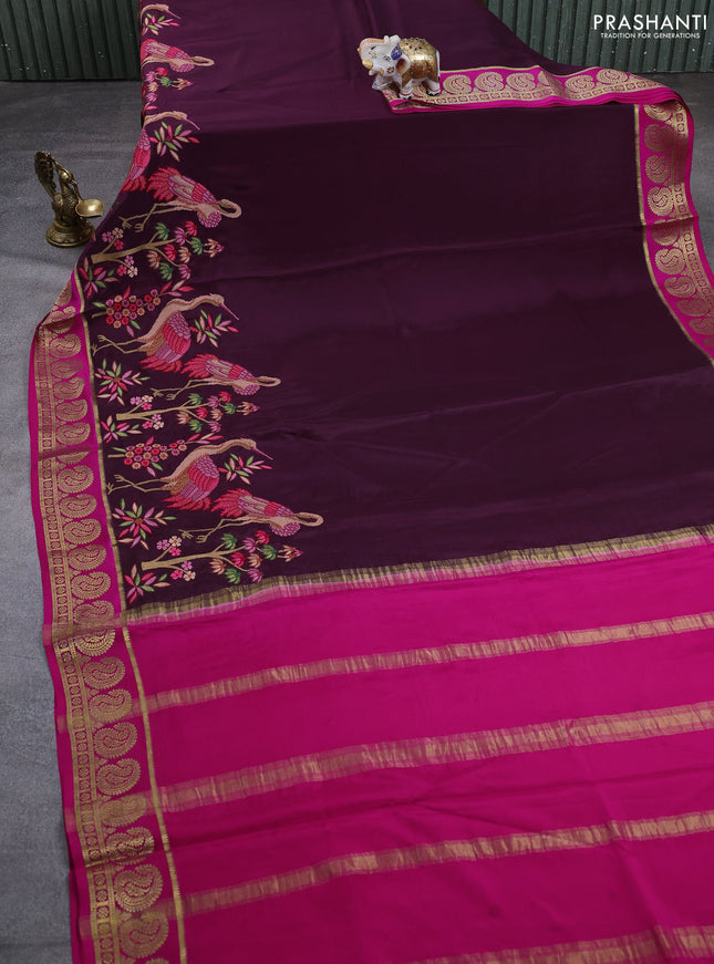 Pure mysore silk saree deep jamun and pink with plain body and long embroidery zari woven border