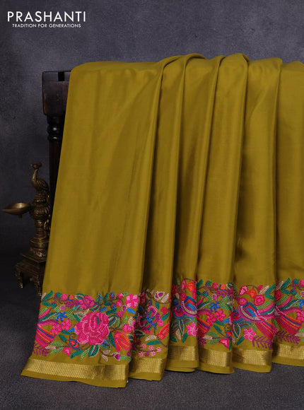 Pure mysore silk saree mustard green with plain body and embroidery zari border