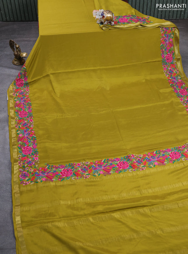 Pure mysore silk saree mustard green with plain body and embroidery zari border
