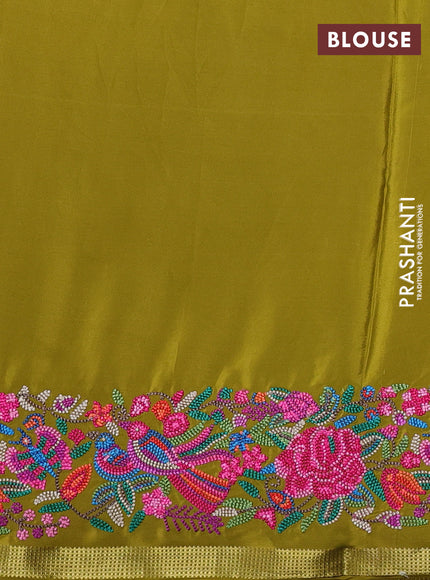 Pure mysore silk saree mustard green with plain body and embroidery zari border