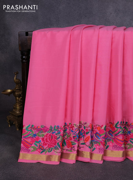 Pure mysore silk saree peach pink with plain body and embroidery zari border