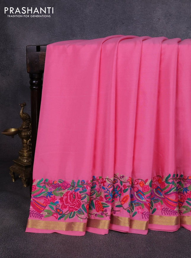 Pure mysore silk saree peach pink with plain body and embroidery zari border