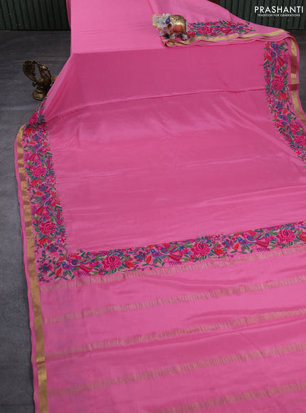 Pure mysore silk saree peach pink with plain body and embroidery zari border