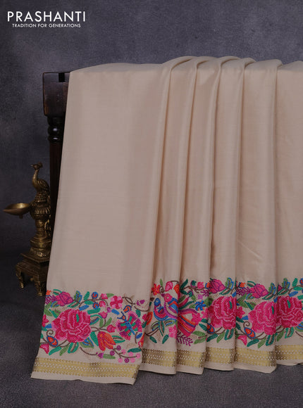 Pure mysore silk saree beige with plain body and embroidery zari border