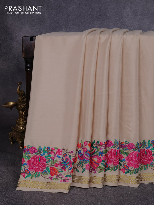 Pure mysore silk saree beige with plain body and embroidery zari border