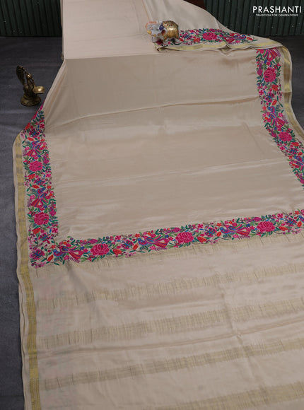 Pure mysore silk saree beige with plain body and embroidery zari border