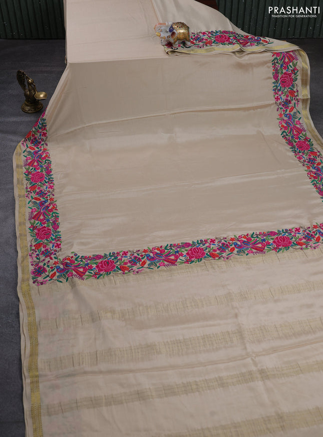 Pure mysore silk saree beige with plain body and embroidery zari border