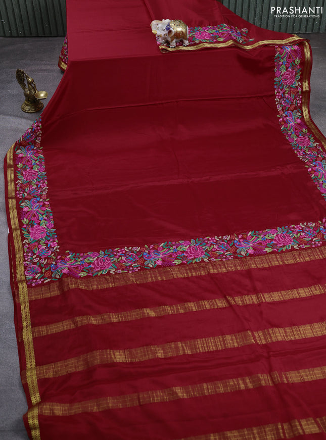 Pure mysore silk saree red with plain body and embroidery zari border