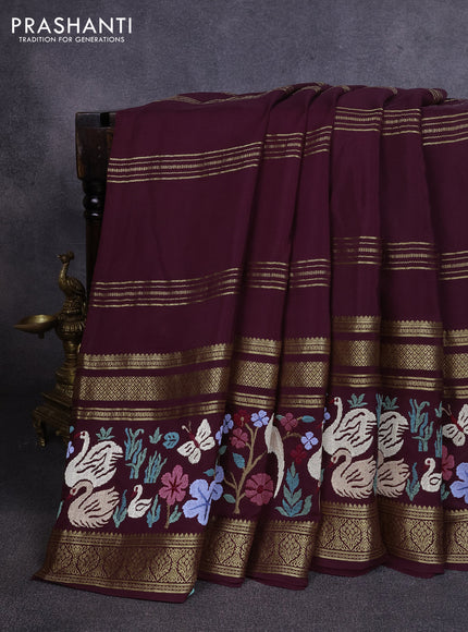 Pure mysore silk saree wine shade with plain body and long rettapet zari woven embroidery border