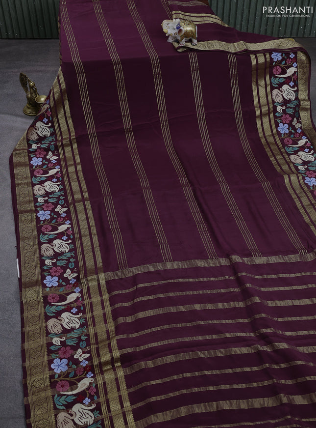 Pure mysore silk saree wine shade with plain body and long rettapet zari woven embroidery border