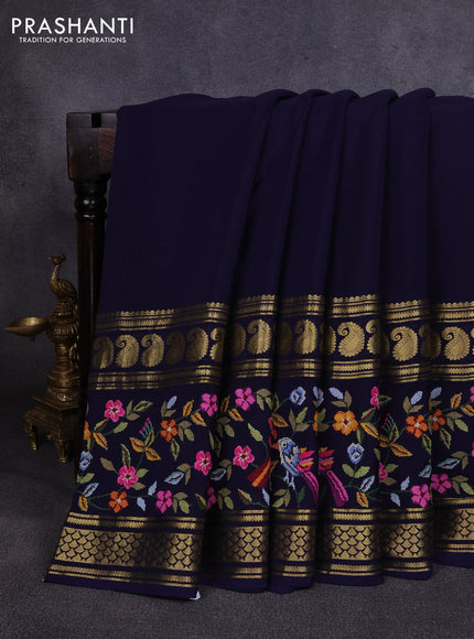 Pure mysore silk saree navy blue with plain body and long rettapet zari woven embroidery border