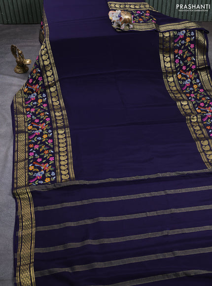 Pure mysore silk saree navy blue with plain body and long rettapet zari woven embroidery border
