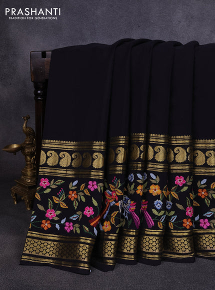 Pure mysore silk saree black with plain body and long rettapet zari woven embroidery border