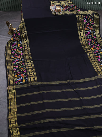 Pure mysore silk saree black with plain body and long rettapet zari woven embroidery border