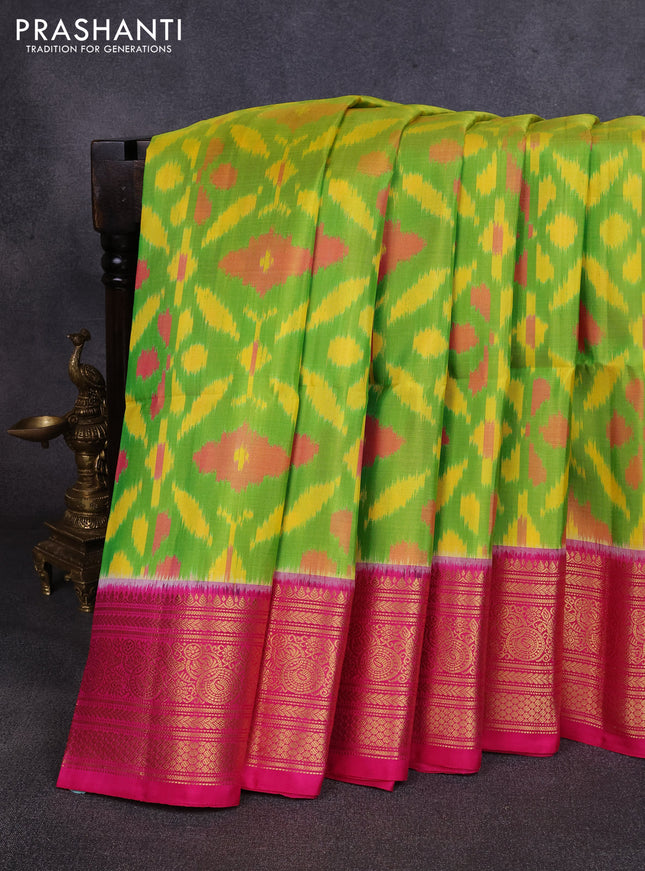 Ikat soft silk saree light green and pink with allover ikat weaves and zari woven border
