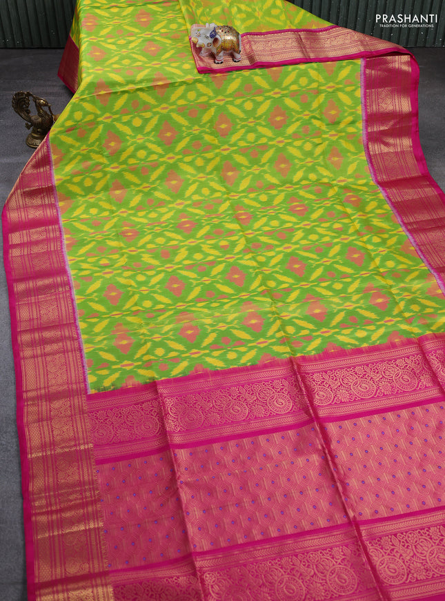 Ikat soft silk saree light green and pink with allover ikat weaves and zari woven border