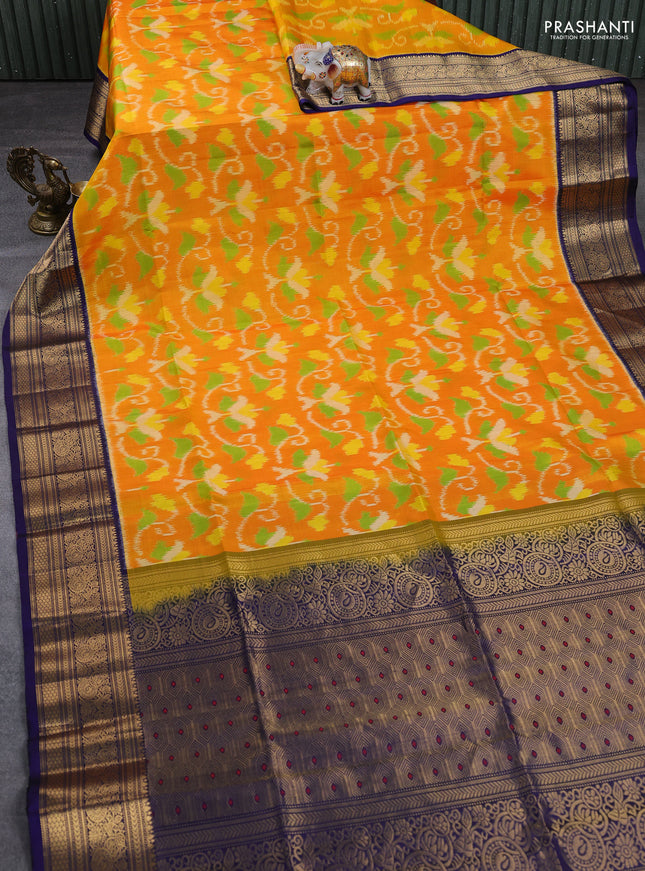 Ikat soft silk saree mango yellow and navy blue with allover ikat weaves and zari woven border