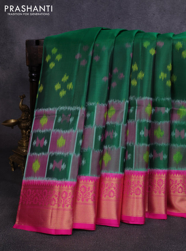 Ikat soft silk saree green and pink with allover ikat butta weaves and zari woven border