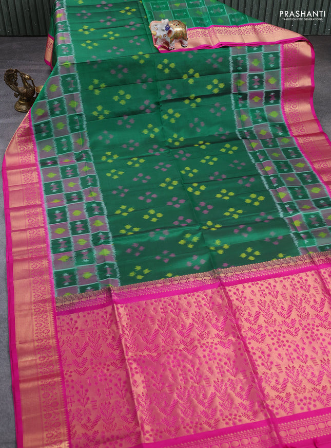 Ikat soft silk saree green and pink with allover ikat butta weaves and zari woven border
