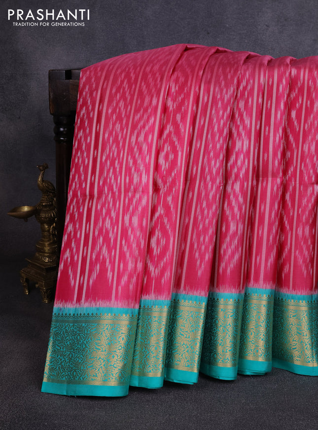 Ikat soft silk saree dark pink and teal green with allover ikat weaves and zari woven border