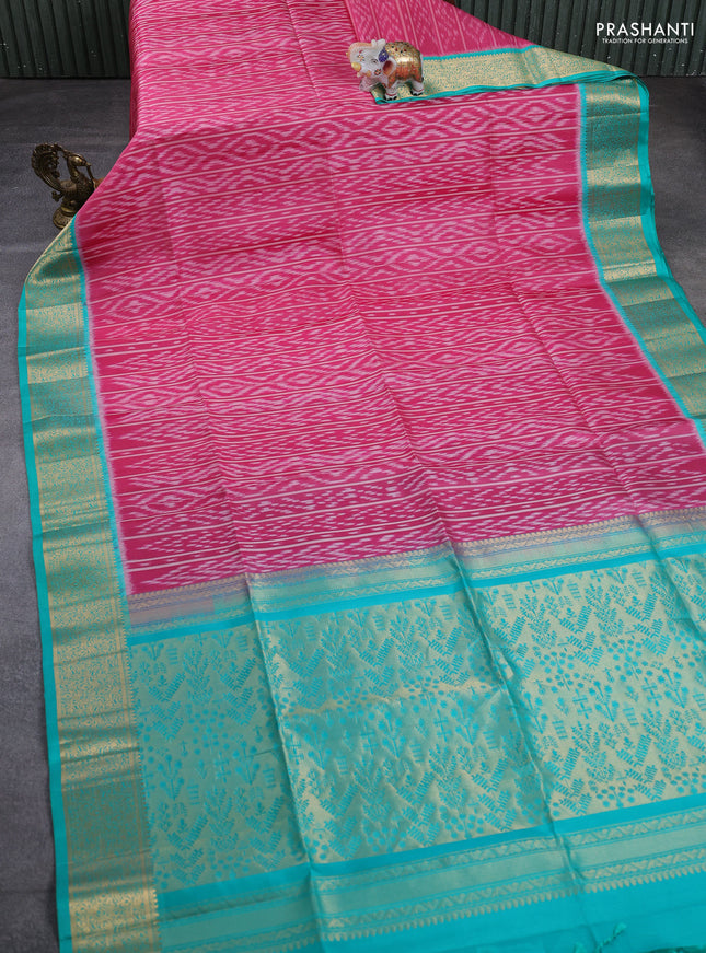 Ikat soft silk saree dark pink and teal green with allover ikat weaves and zari woven border