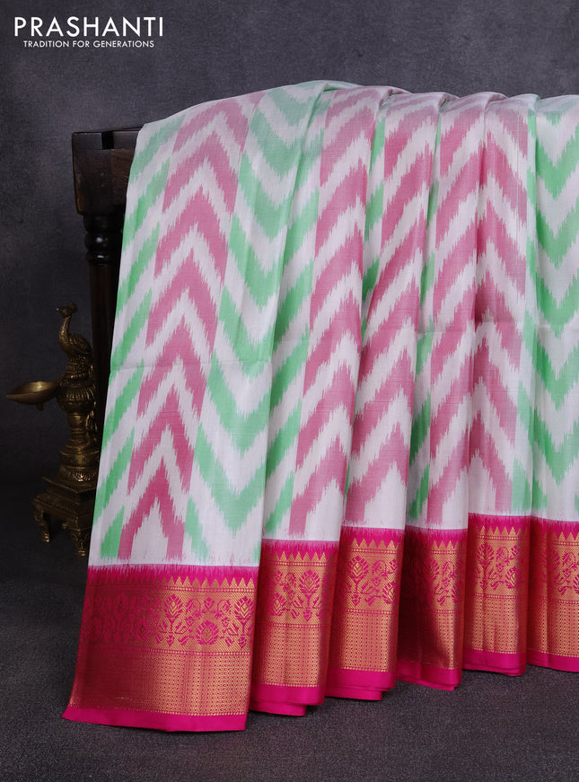 Ikat soft silk saree off white and pink with allover ikat weaves and zari woven border