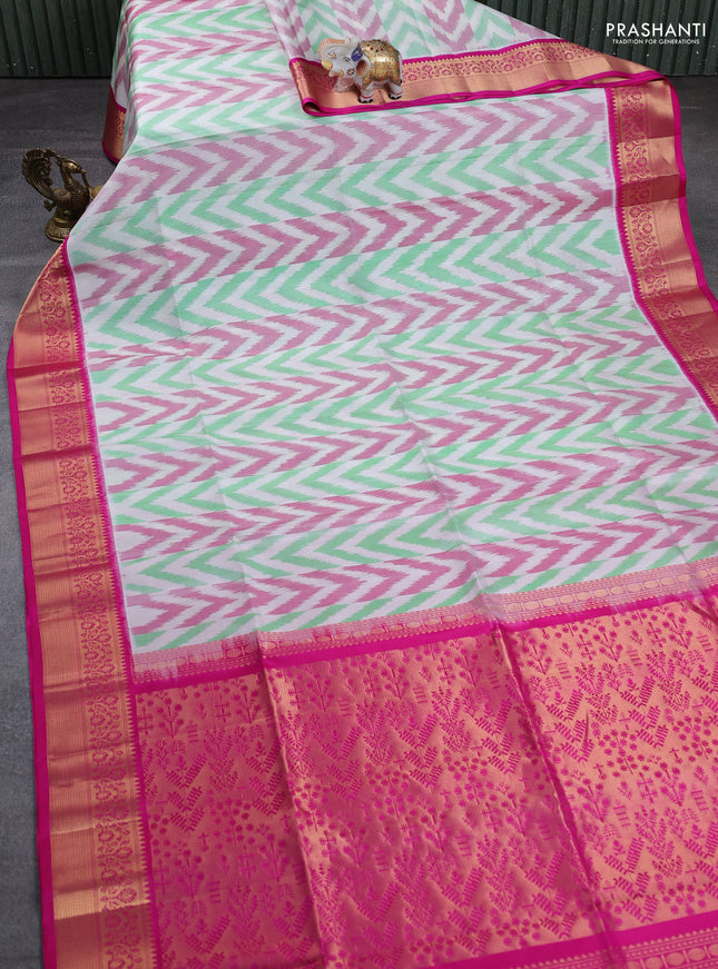 Ikat soft silk saree off white and pink with allover ikat weaves and zari woven border