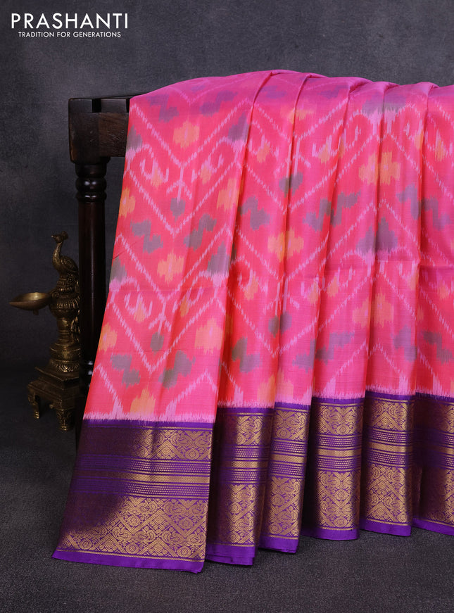 Ikat soft silk saree candy pink and purple with allover ikat weaves and zari woven border