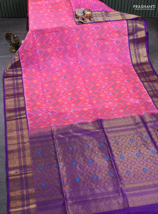 Ikat soft silk saree candy pink and purple with allover ikat weaves and zari woven border