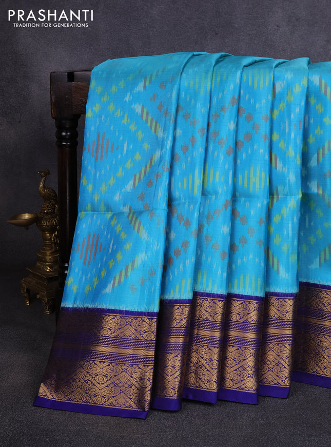 Ikat soft silk saree light blue and blue with allover ikat weaves and zari woven border