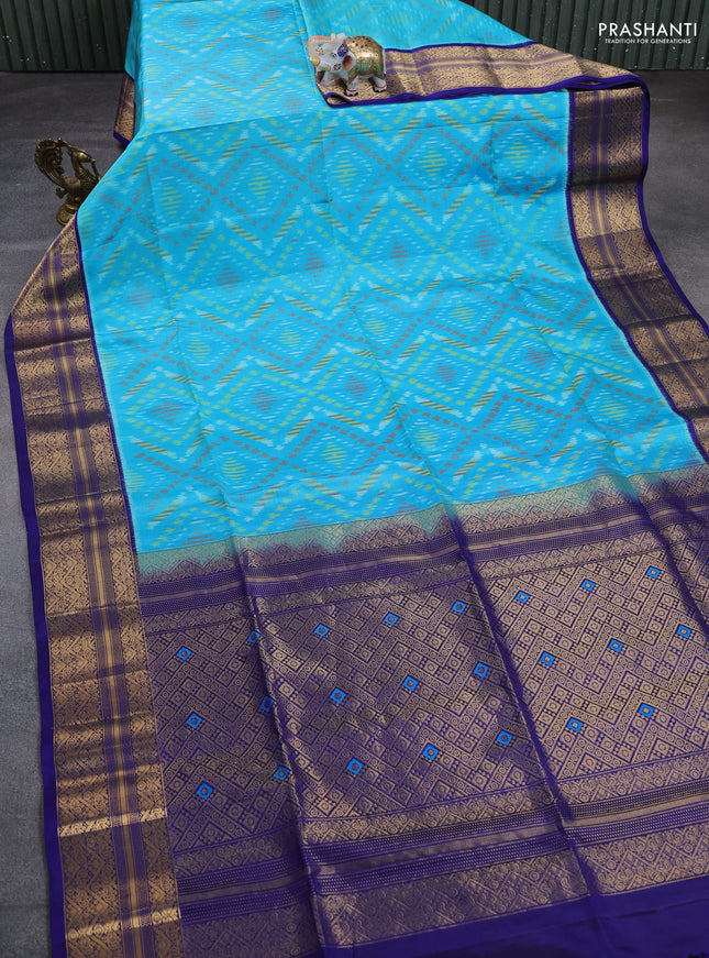 Ikat soft silk saree light blue and blue with allover ikat weaves and zari woven border