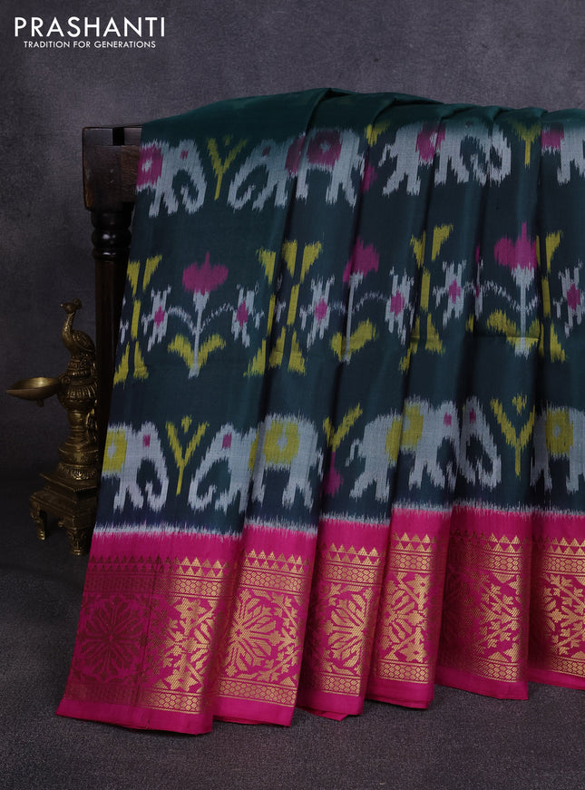 Ikat soft silk saree bottle green and pink with allover ikat weaves and zari woven border