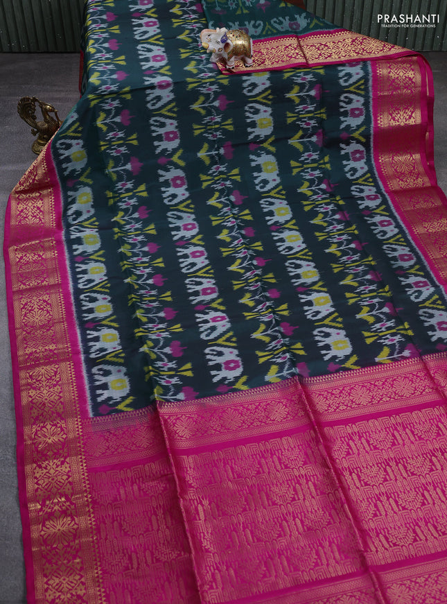 Ikat soft silk saree bottle green and pink with allover ikat weaves and zari woven border