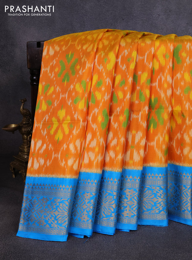 Ikat soft silk saree mango yellow and cs blue with allover ikat weaves and zari woven border