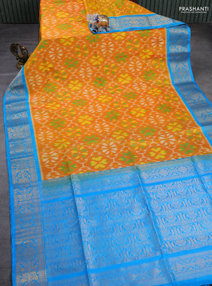Ikat soft silk saree mango yellow and cs blue with allover ikat weaves and zari woven border