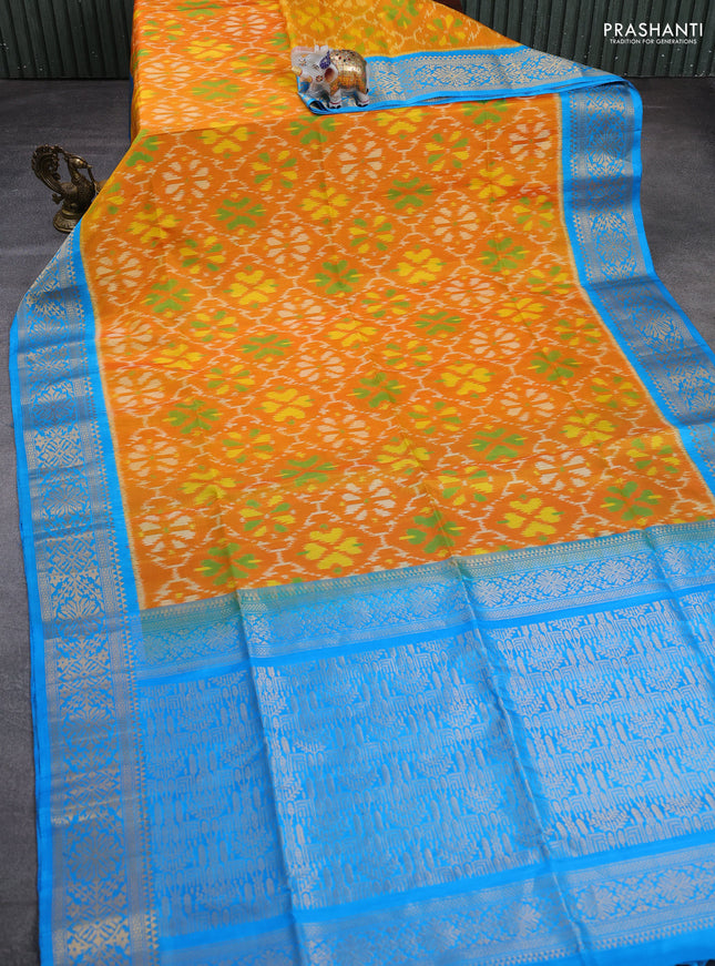 Ikat soft silk saree mango yellow and cs blue with allover ikat weaves and zari woven border