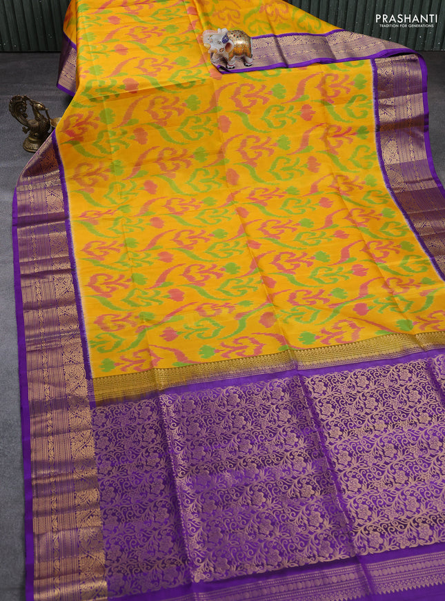 Ikat soft silk saree mango yellow and purple with allover ikat weaves and zari woven border