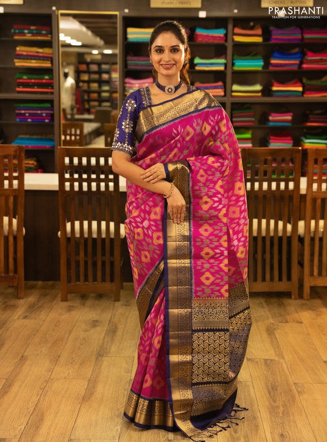 Ikat soft silk saree pink and blue with allover ikat weaves and zari woven border