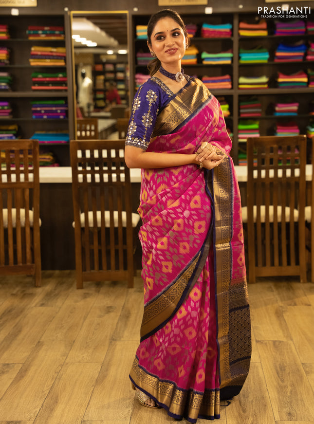 Ikat soft silk saree pink and blue with allover ikat weaves and zari woven border