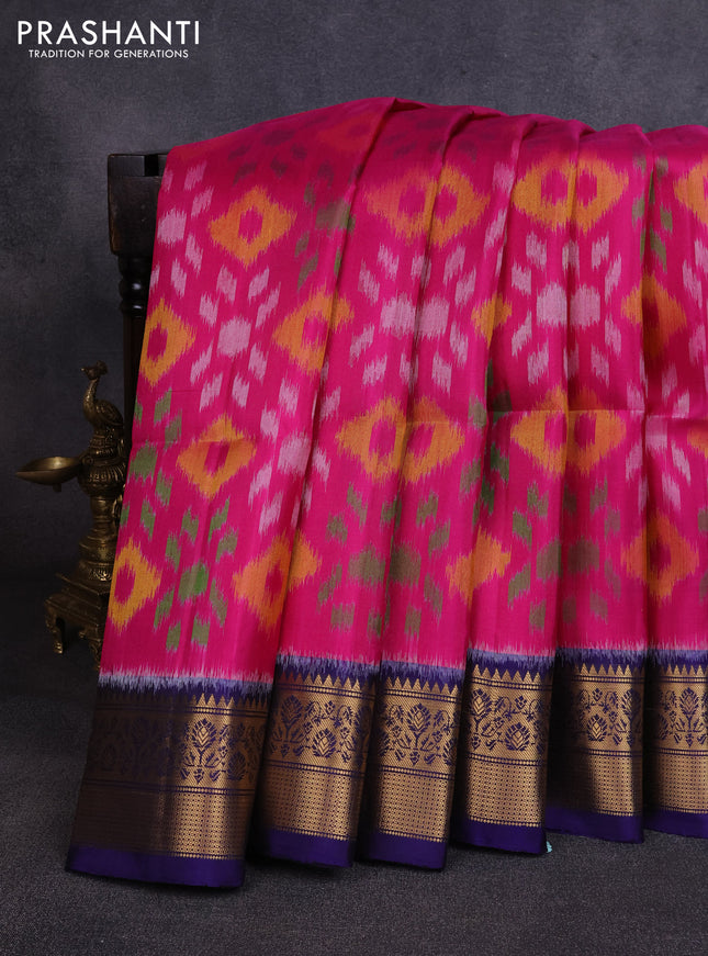 Ikat soft silk saree pink and blue with allover ikat weaves and zari woven border