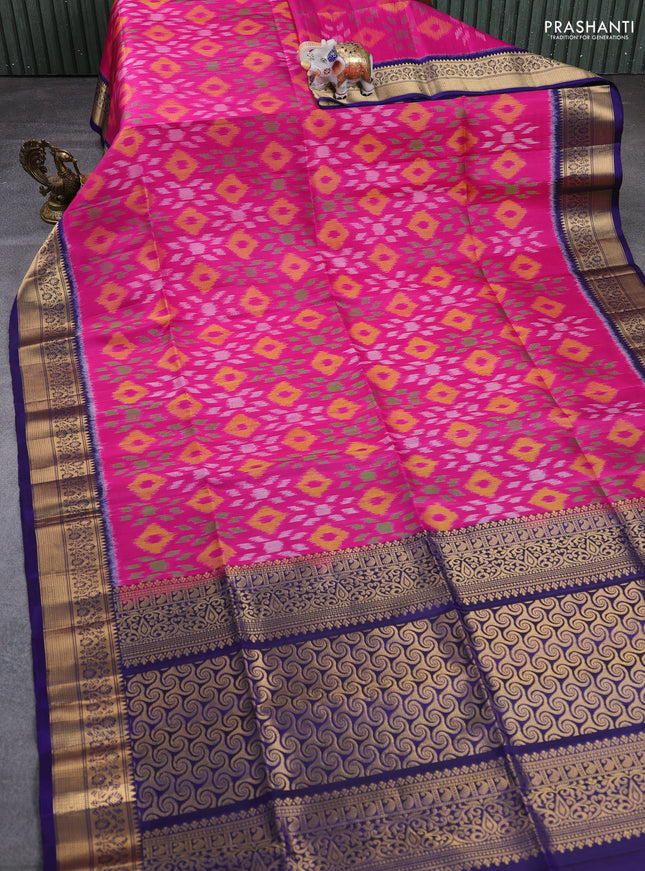 Ikat soft silk saree pink and blue with allover ikat weaves and zari woven border