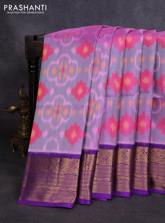 Ikat soft silk saree dual shade of light pinkish green and violet with allover ikat weaves and zari woven border