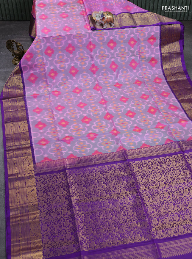 Ikat soft silk saree dual shade of light pinkish green and violet with allover ikat weaves and zari woven border