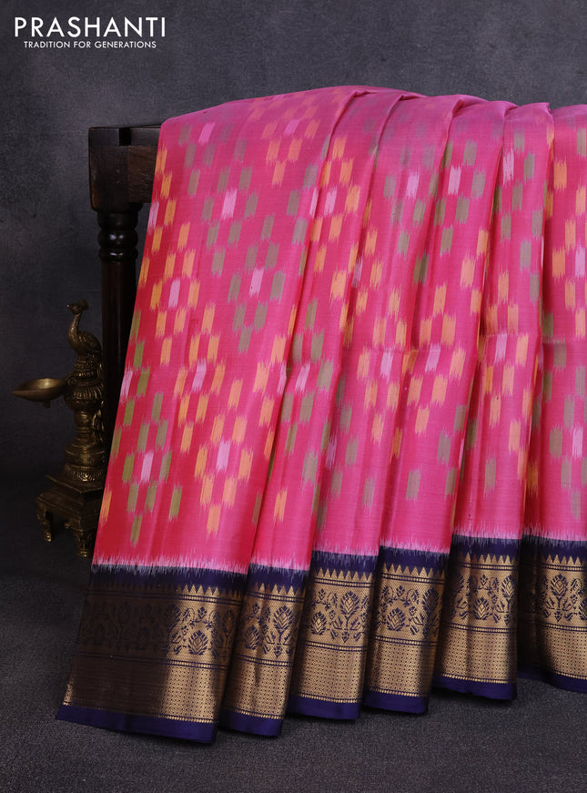 Ikat soft silk saree light pink and blue with allover ikat weaves and zari woven border