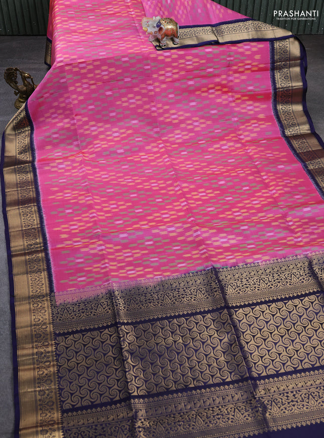 Ikat soft silk saree light pink and blue with allover ikat weaves and zari woven border