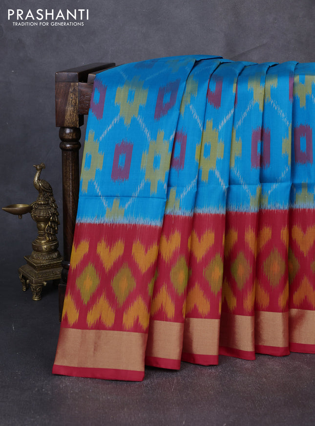 Ikat soft silk saree cs blue and red with allover ikat weaves and long ikat zari woven border