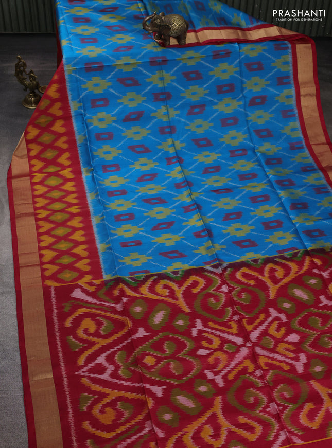 Ikat soft silk saree cs blue and red with allover ikat weaves and long ikat zari woven border